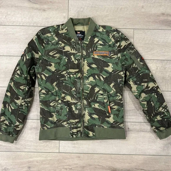 Superdry Camouflage Bomber Jacket Green Men's Size M Rib Knit Long Sleeve Zip Up